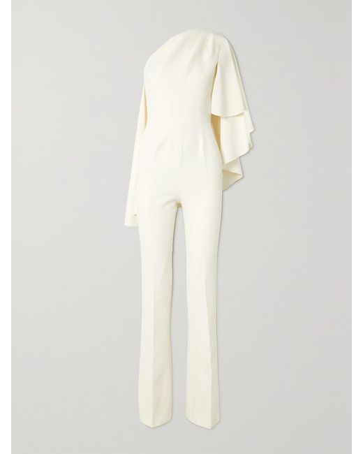 Safiyaa White Zephyra One-Shoulder Cape-Effect Crepe Jumpsuit