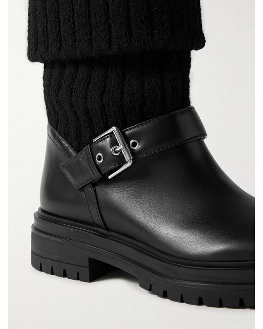 Gianvito Rossi Black Thurso Buckled Leather And Ribbed-Knit Ankle Boots