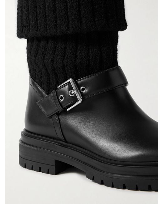Gianvito Rossi Black Thurso Stiefel Aus Leder Und Rippstrick Mit Schnalle