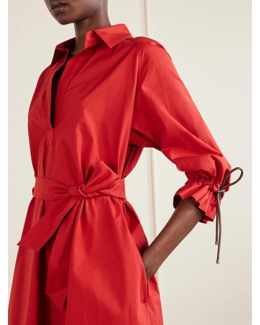 Max Mara Red Tie-Detailed Cotton-Poplin Midi Dress
