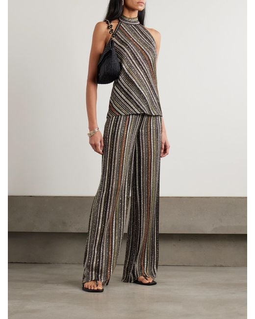 Missoni Brown Sequin-Embellished Striped Crochet-Knit Wide-Leg Pants