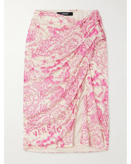 Jupe Effet Portefeuille En Satin De Soie Imprimé À Drapé Versace en coloris Pink