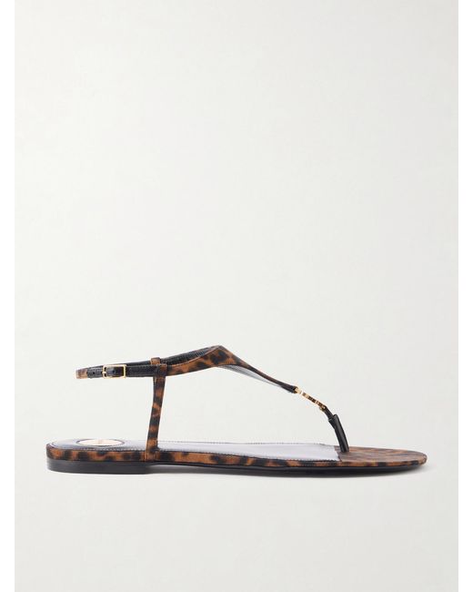 Saint Laurent Natural Cassandra Logo-Embellished Leopard-Print Canvas Sandals