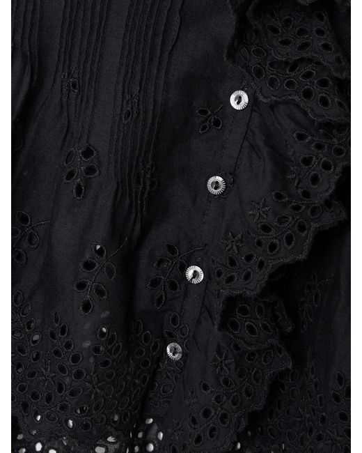 Doen Black Henri Cropped Ruffled Pintucked Broderie Anglaise Cotton Top