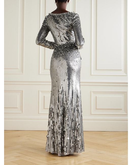 Jenny Packham Gray Kestra Embellished Sequined Tulle Gown