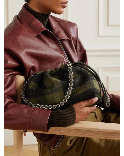 Loewe Black Flamenco Medium Leather-Trimmed Checked Suede Shoulder Bag
