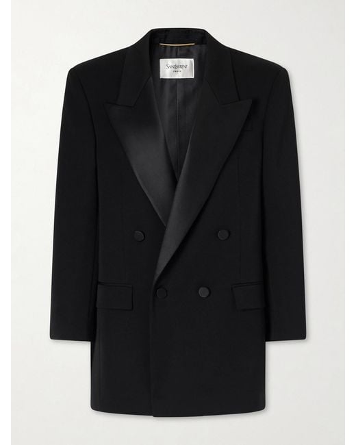 Saint Laurent Black Double-Breasted Satin-Trimmed Grain De Poudre Wool Blazer