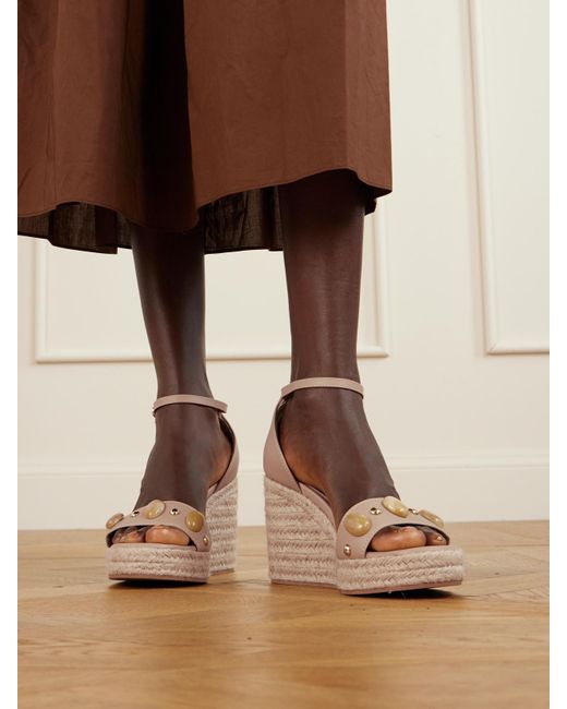 Gianvito Rossi Natural 70 Embellished Leather Espadrille Wedge Sandals