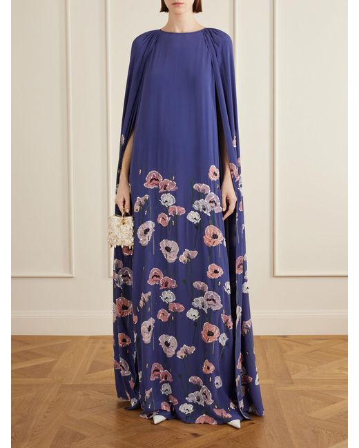BERNADETTE Blue Minnie Cape-Effect Sequin-Embellished Embroidered Crepe Gown