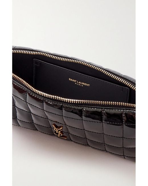 Saint Laurent Black Cassandre Carré Matelassé Patent Faux-Leather Pouch