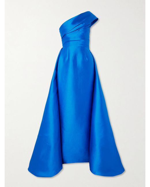 Solace London Blue Alba One-Shoulder Draped Satin-Twill Gown