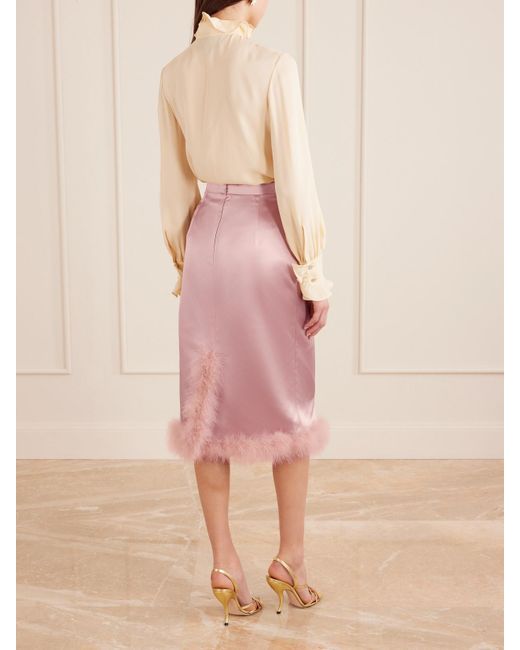 Valentino Garavani Pink Feather-Trimmed Satin Midi Skirt