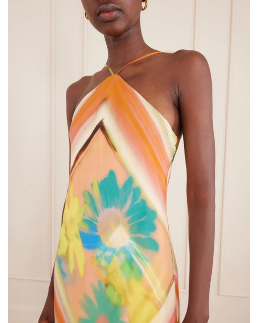 Staud White Cubism Striped Floral-Print Satin Maxi Dress