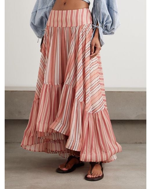 Zimmermann Pink Rebellion Bohemian Asymmetric Tiered Striped Georgette Skirt