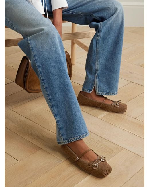 Gucci White Horsebit-Detailed Suede Ballet Flats