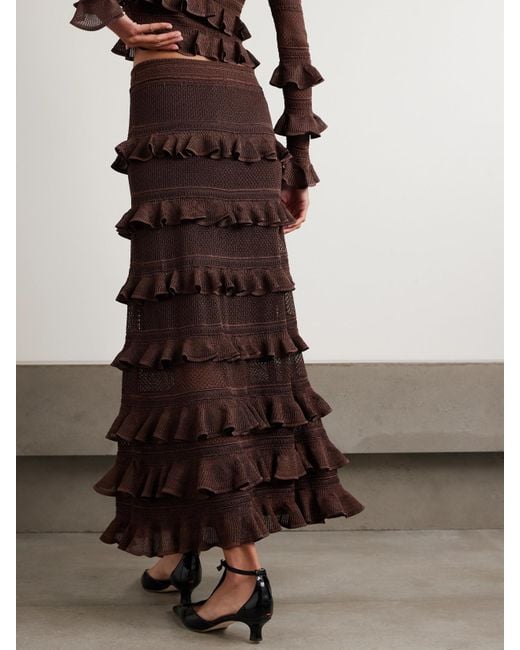 Zimmermann Brown Metallic Ruffled Pointelle-Knit Maxi Skirt