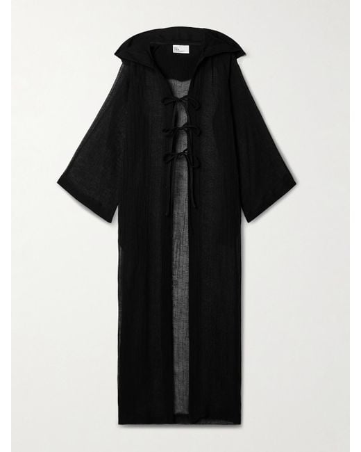 Lisa Marie Fernandez Black Hooded Crinkled Linen-Blend Gauze Kaftan