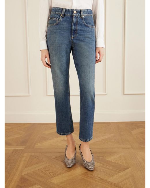 Brunello Cucinelli Blue Cropped Bead-Embellished Straight-Leg Jeans