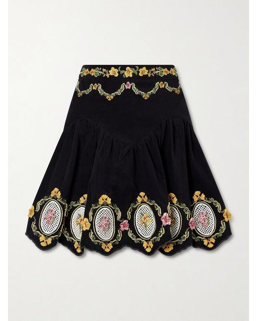 Agua Bendita Black Asai Cordillera Scalloped Embroidered Cotton-Blend Velvet Mini Skirt