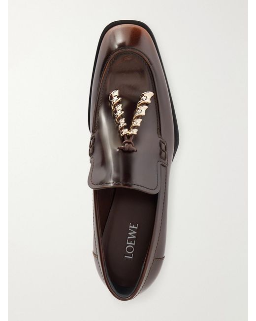 Loewe Brown Embellished Leather Loafers