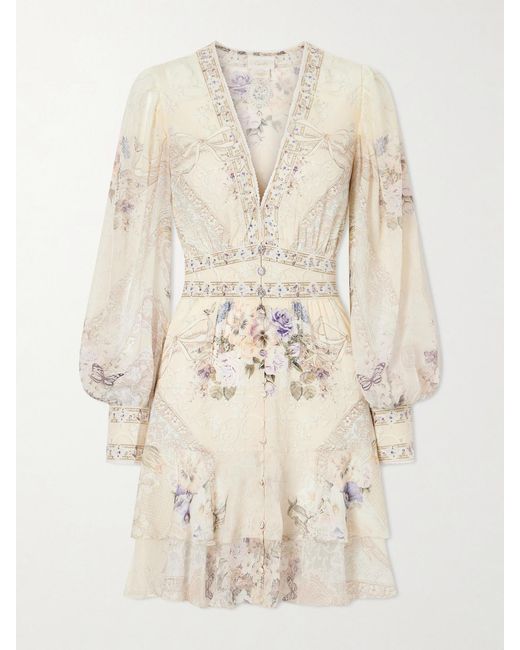 Camilla Natural Printed Embellished Silk-Chiffon Midi Dress