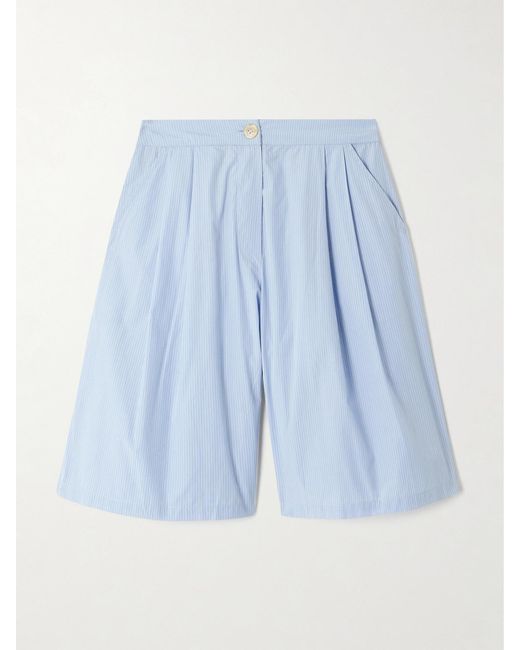 Thierry Colson Blue Striped Pleated Cotton-Poplin Shorts