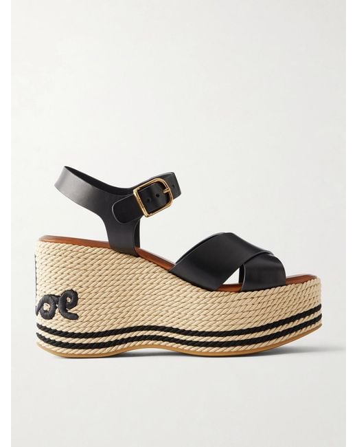 Chloé Natural Logo-Embroidered Leather Platform Sandals