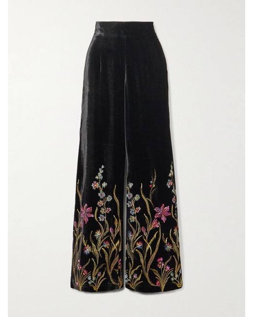 Loretta Caponi Black Cipro Embroidered Velvet Straight-Leg Pants