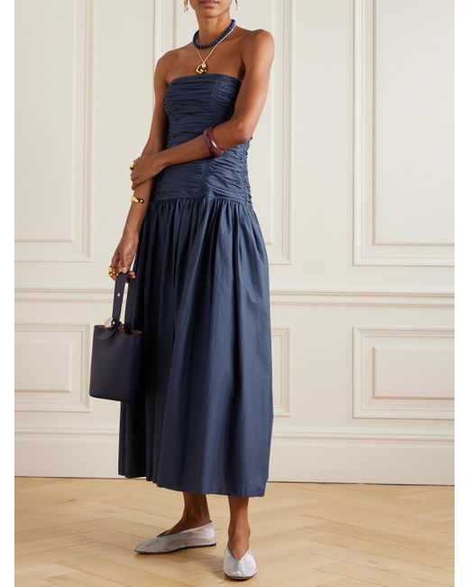 Matteau Blue Strapless Ruched Organic Cotton-Poplin Midi Dress