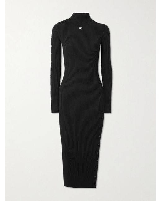 Courreges Black Embroidered Ribbed-Knit Midi Turtleneck Dress