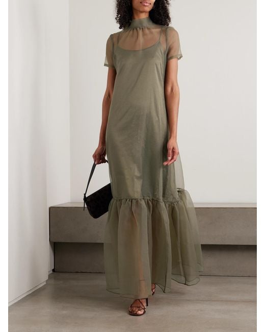 Staud Green Calluna Ruffled Organza Maxi Dress