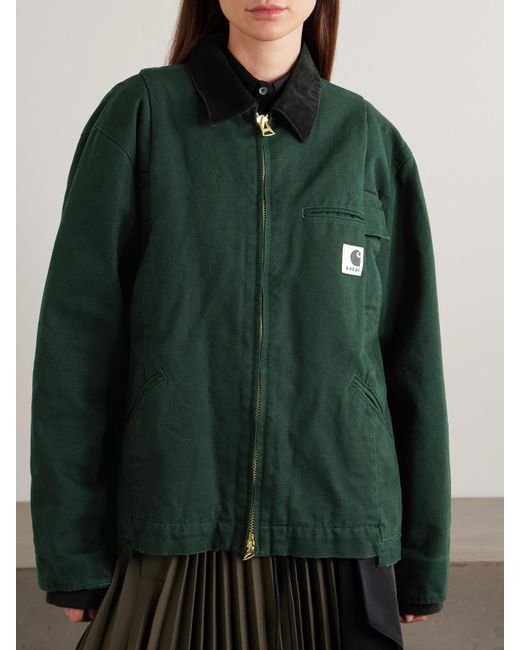Sacai Green Carhartt Wip Duck Oversized Corduroy-Trimmed Appliquéd Cotton-Canvas Jacket