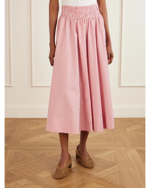 Suzie Kondi Pink Kyria Shirred Striped Cotton-Poplin Midi Skirt