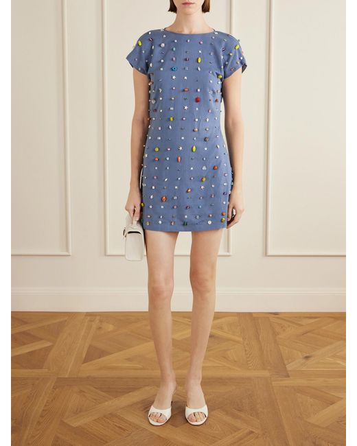BERNADETTE Blue Anne Appliquéd Cotton And Linen-Blend Mini Dress
