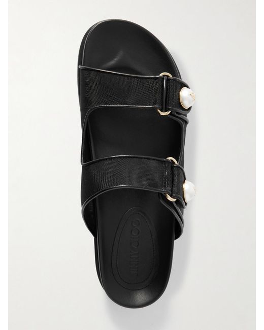 Jimmy Choo Black Fayence Pantoletten Aus Mesh Mit Kunstperlen, Verzierungen Und Lederbesätzen