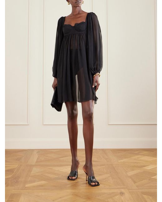 Dolce & Gabbana Black Pleated Lace-Trimmed Silk And Cotton-Blend Voile Mini Dress
