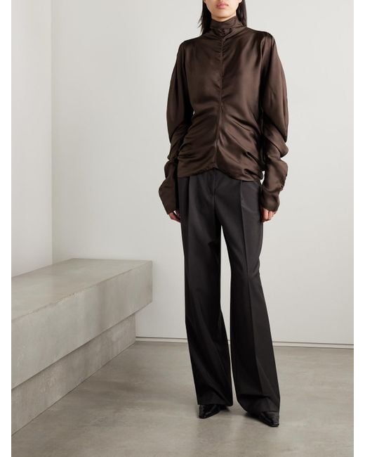 The Row Brown Miles Gathered Silk-Twill Blouse