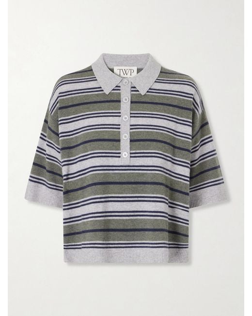 Twp Gray Striped Cashmere Polo Sweater