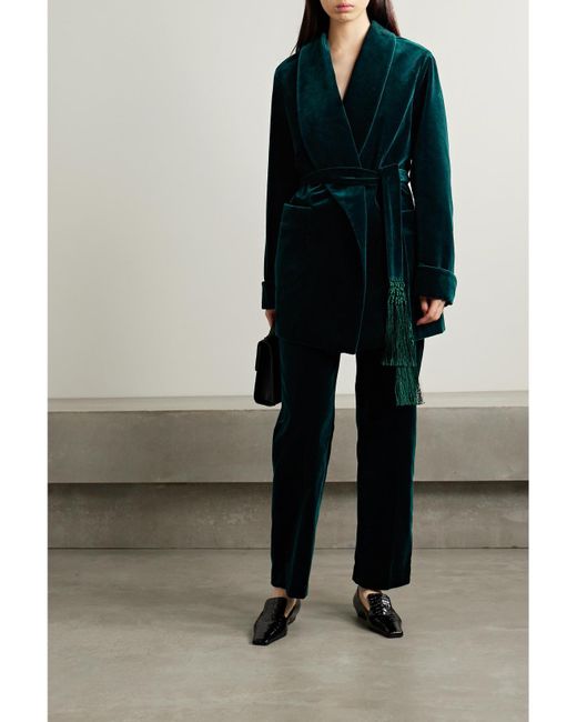 Loro Piana Blue Raniya Belted Macramé-Trimmed Cotton-Blend Velvet Jacket