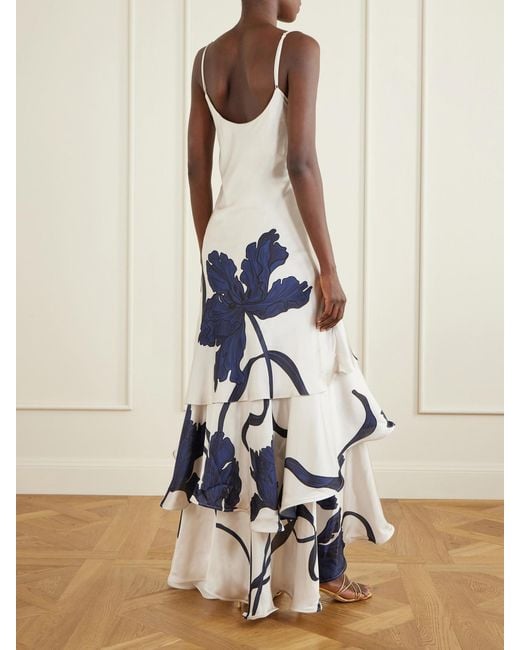 ANDRES OTALORA White Inoportuna Printed Ruched Ruffled Satin Maxi Dress