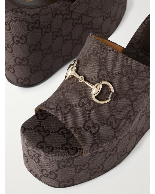 Gucci Brown Horsebit-Embellished Canvas-Jacquard Platform Mules