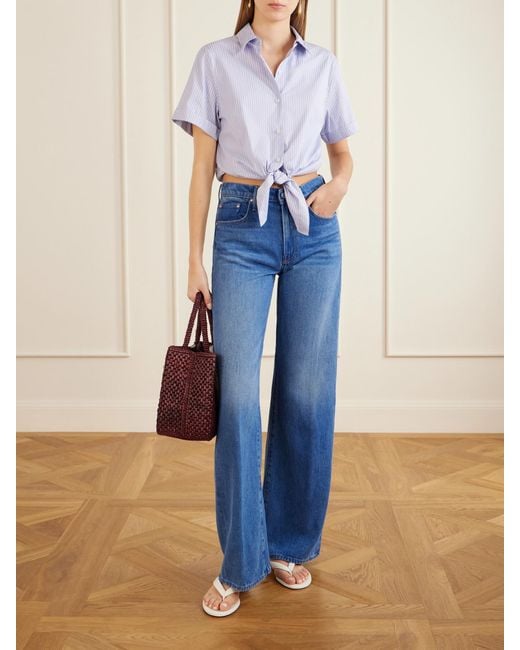 Theory Blue Knotted Cropped Striped Cotton-Blend Poplin Shirt