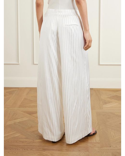Abadia White Striped Stretch-Silk Satin Wide-Leg Pants
