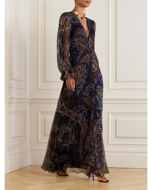 Etro Black Pleated Gathered Floral-Print Silk-Crepon Maxi Dress