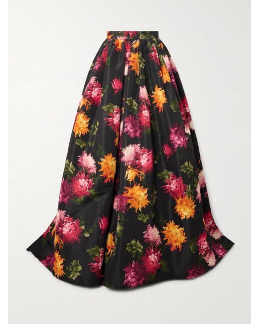 Carolina Herrera Red Pleated Floral-Print Faille Maxi Skirt