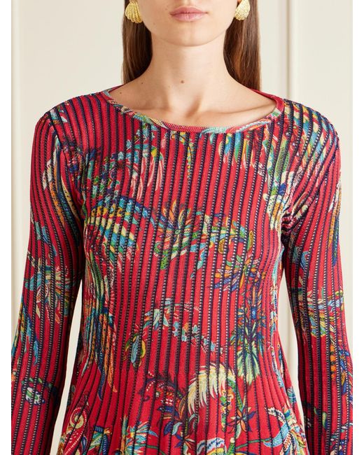 Etro Red Floral-Print Open-Knit Ribbed Blouse