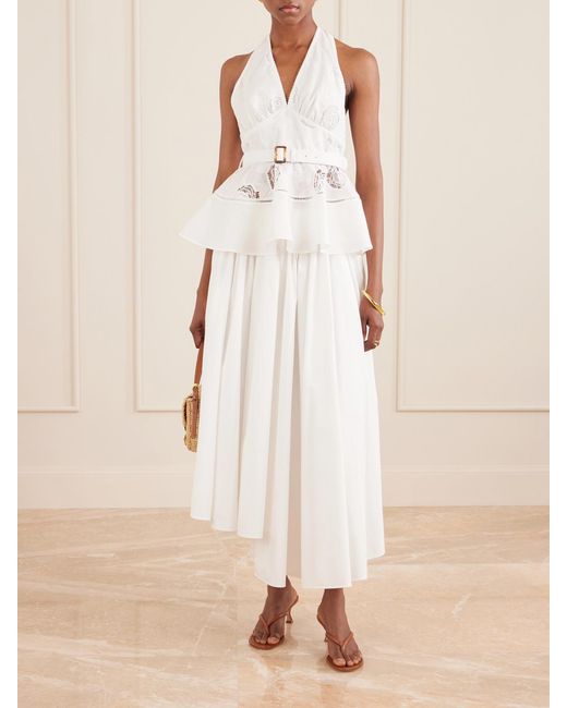 Self-Portrait White Belted Embroidered Linen And Cotton-Blend Peplum Top