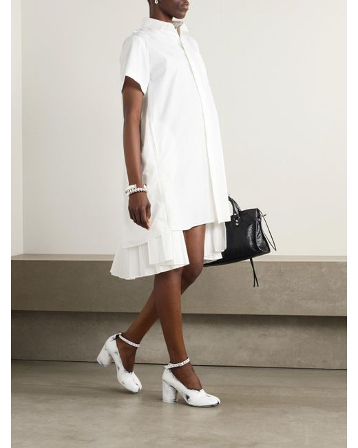 Sacai White Mehrlagiges Midi-Hemdblusenkleid Aus Popeline Mit Falten