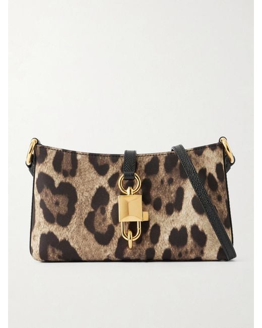 Dolce & Gabbana Natural Lock Leather-Trimmed Leopard-Print Satin-Twill Shoulder Bag