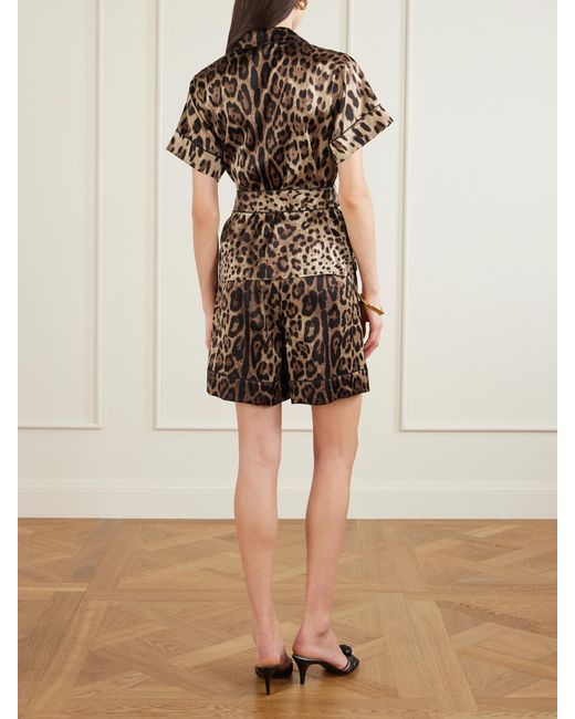 Dolce & Gabbana White Belted Piped Leopard Print Silk-Blend Satin Shirt